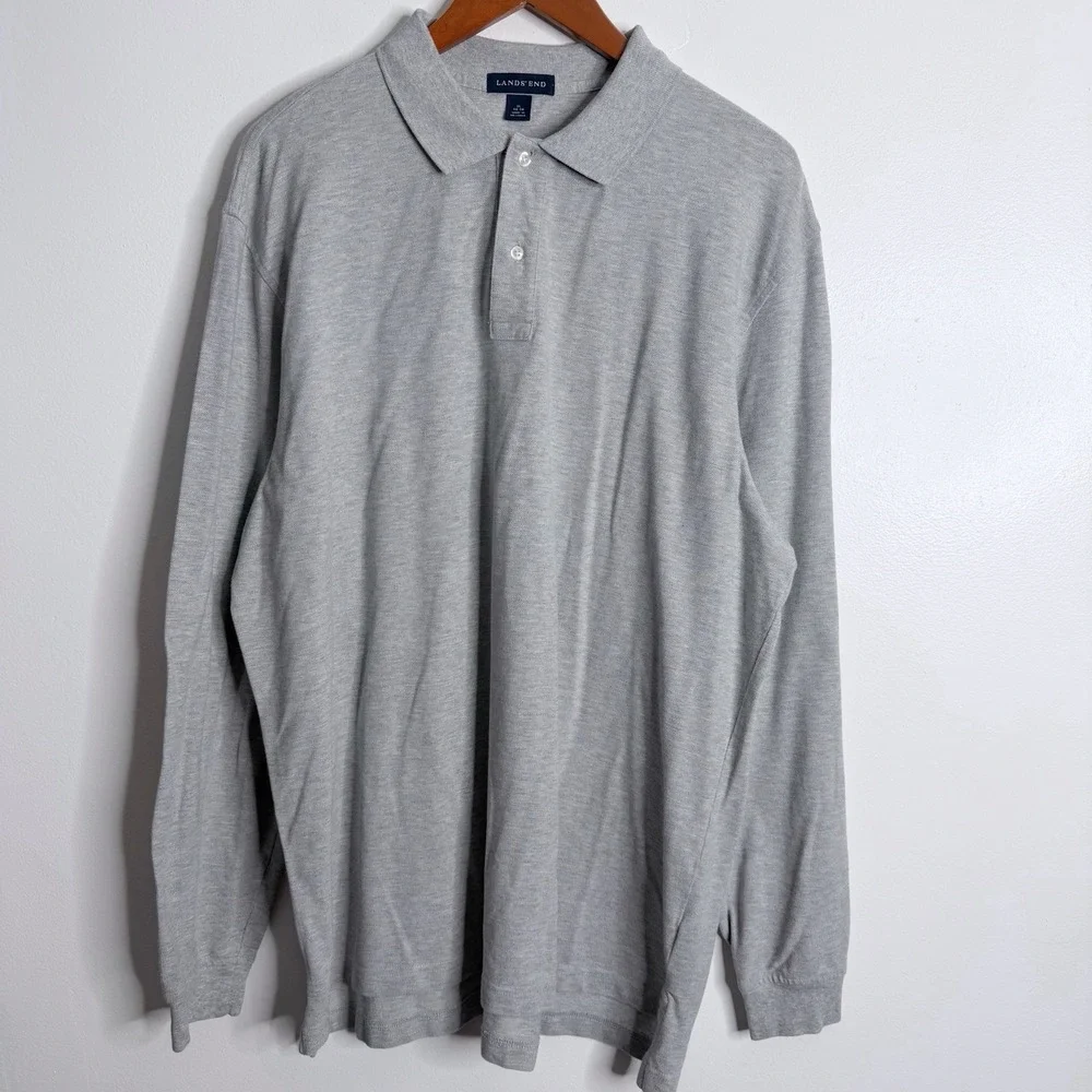Lands End Men's Long Sleeves‎ Polo XL Gray Textured Stretch Casual Preppy